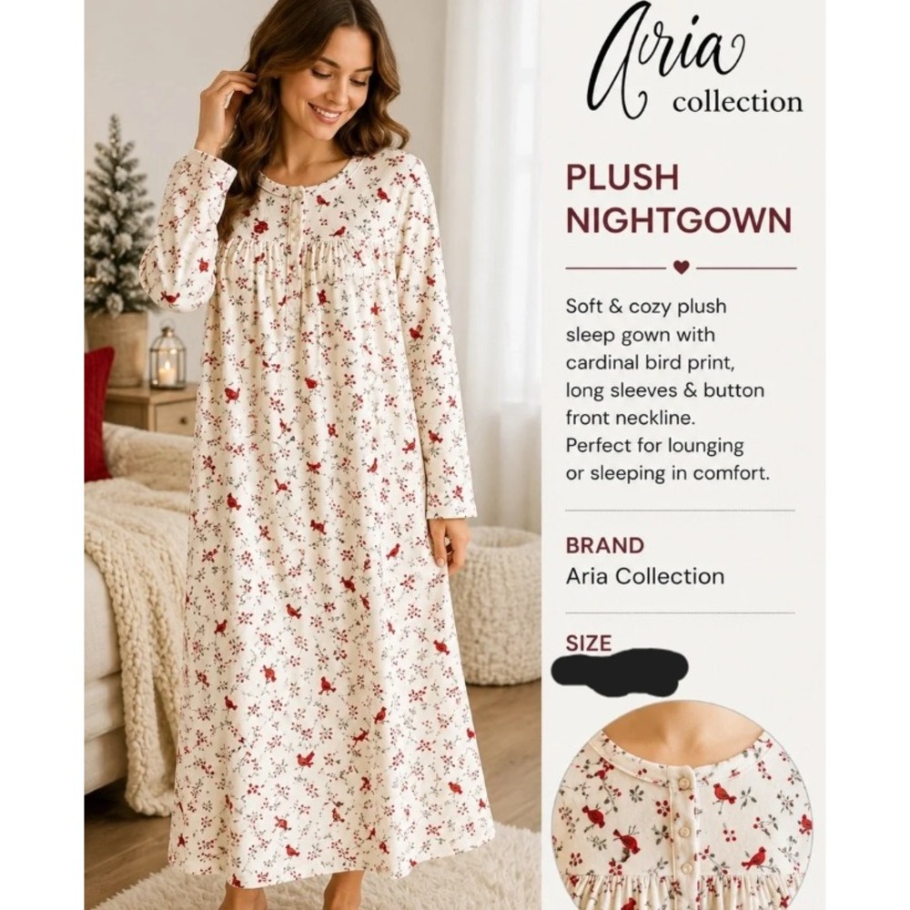 Laura Ashley Aria Collection Long Sleeve Bird Nightgown 1X Cozy Cottage NWOT
